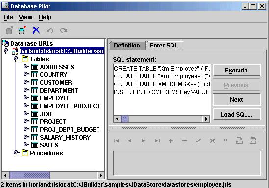 Figure 37: Database Pilot, enter SQL tab After clicking Execute, examine the newly created tables: XMLEmployee and XMLEmployees.