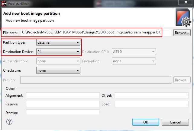 8. Add the BIT file to the second partition by selecting Add in the Create Boot Image window. a.