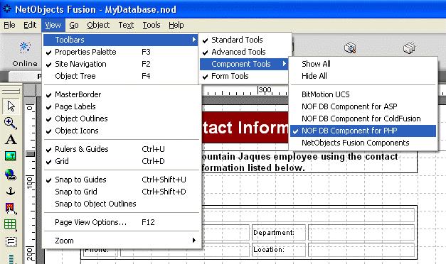 Website Pros Database Component Adding the Toolbar To add the Database Component toolbar: 1. In Page view, from the View menu, choose Toolbars>Component Tools. 2.