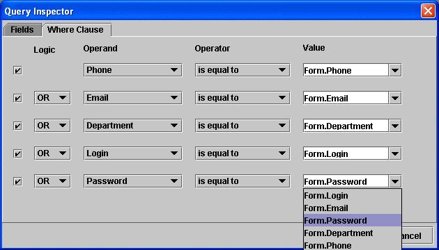 Component Object Definitions If using the Insert object, go to "Add Tables and data fields" 2. Click in the check box to activate the clause. 3. In the Operand field, select the table 4.