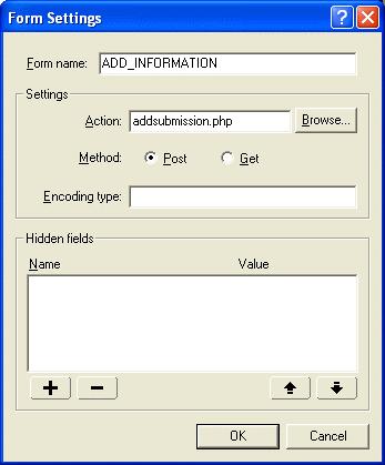 Website Pros Database Component 3. Under Settings, add one of the following: If using ASP, type in addsubmission.asp If using ColdFusion, type in addsubmission.