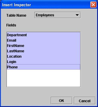 Tutorials 7. Select the Employees table from the "Table Name" drop-down list. 8. Highlight all datafields listed.