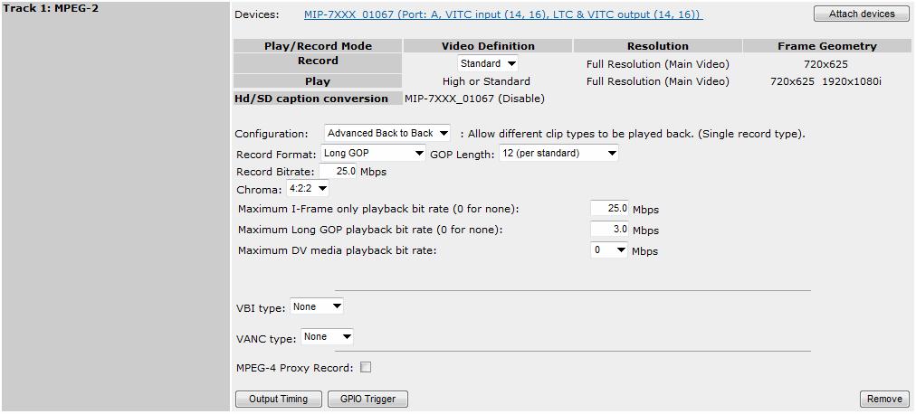 Chapter 7: Player configuration Figure 7-6: Creating an MPEG SD Player Advanced Configuration The encoded clip type is selected using the Record Format field, and the decoded clip types are selected
