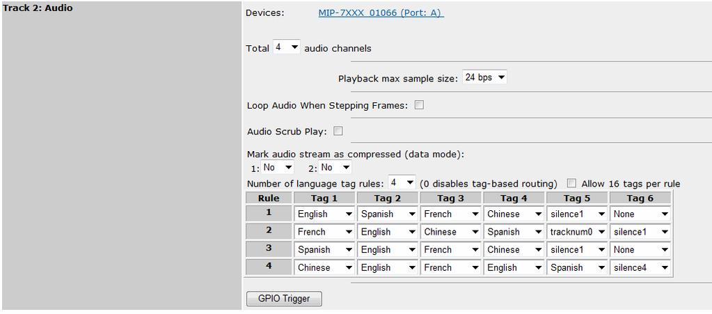 Chapter 7: Player configuration Example: Track tags with four audio channels The following figure illustrates a configuration of four audio channels, with four language tag rules to be applied to