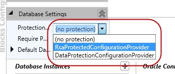 HOW TO: encrypt the database connection string 1) Expand the Database Settings section 2) click the down arrows (at the right) to open a drop menu 3) from the Protection