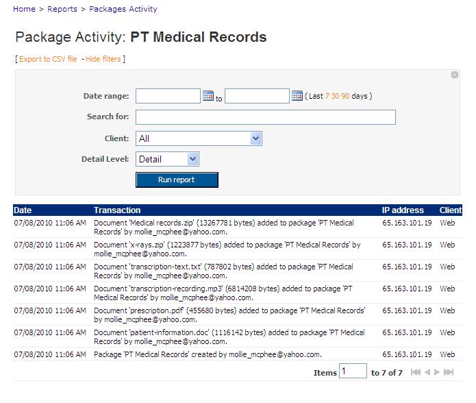 Deleting the Package Figure 26: Package Activity page 1. To delete a package, click the Delete package link next to the Package Information header at the top of the page (see Figure 21 on p. 31). 2. You will be asked to confirm the deletion.