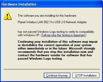 If the screen below appears during installation, please click the Continue Anyway button to