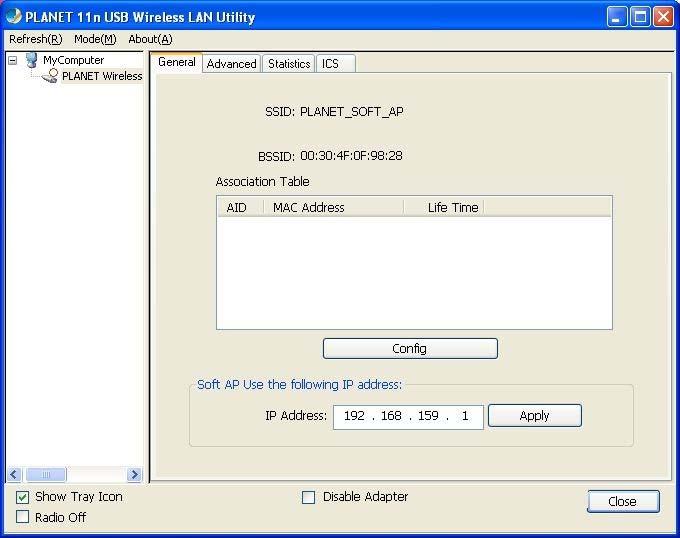 After the mode switch is complete, the window of general information about software access point will appear, including SSID, IP address of the Soft AP and connected