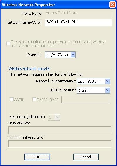 5.1.1 Configure SSID and Channel To configure software Access Point, click the Config button, and the Wireless Network Properties will be displayed.