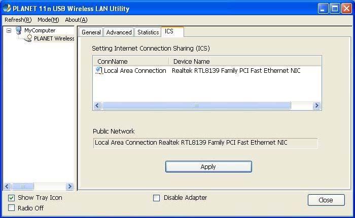 5.4 Internet Connection Sharing (ICS) You can assign a network adapter on your computer as the path for all wireless clients to get connected to Internet.