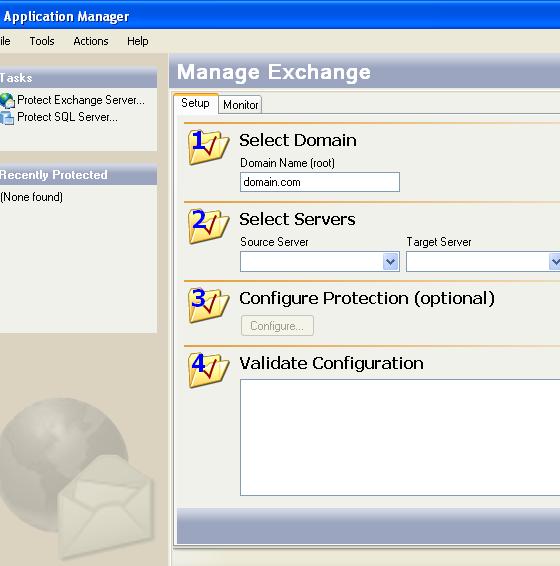 If you have previously configured protection for a source/target pair, the Manage Exchange page will be populated with information about the protected pair.