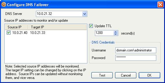 After you select the DNS Failover option, click Configure. The Configure DNS Failover window will appear.