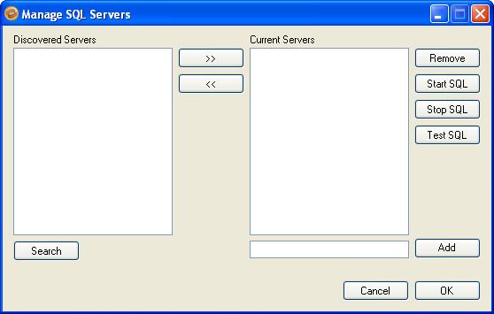 Add or manage servers If the servers you need do not appear, click the Advanced Find button, or select Actions, Manage SQL Servers. The Manage SQL Servers window will appear.