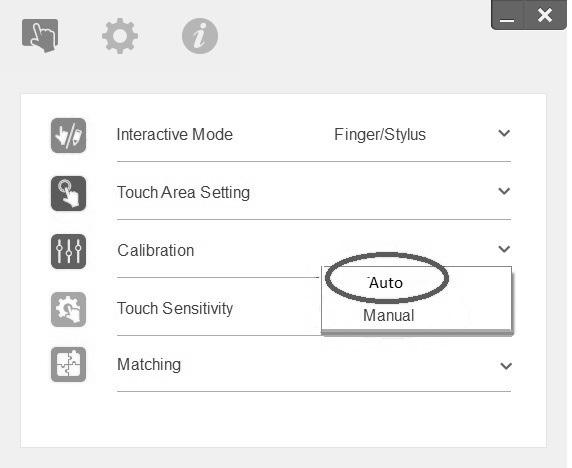 Follow these steps if you have A double panoramic system with one PC 1 Settings 2 Matching After selecting the touch driver icon, select the gear icon.