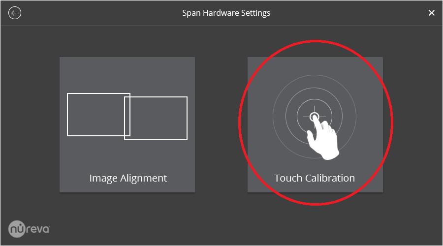 screens 4 Manually calibrate touch Once the auto callibration has completed across both screens, open the Span setup center across all screens: Select Touch Calibration Press and hold the crosshair