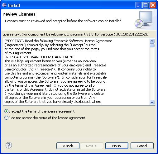 Review Licenses Screen 9. Accept the license agreement and click Finish.