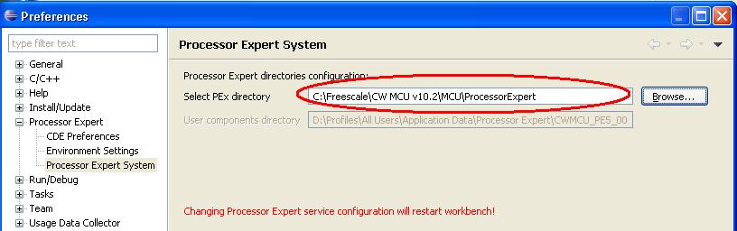 Figure 12. Preferences Panel For example, in a default installation of the CodeWarrior 10.2 tools, the path is as noted in Figure 12. Once you make the change, the tool restarts.