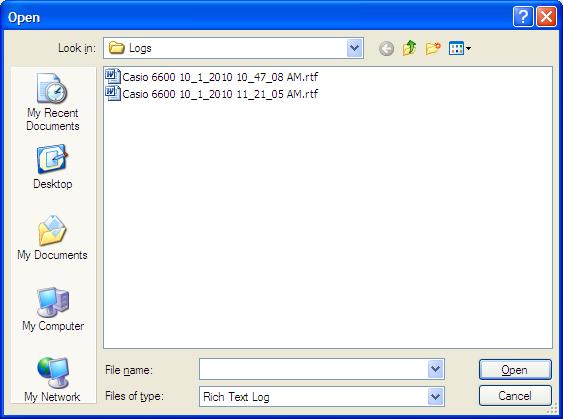 On the View Log tab, the File menu item has two addition items. Open Log a machine log.