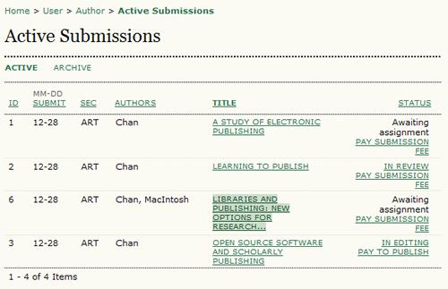Figure 3.19. Active Submissions Summary From the resulting 'Summary' page, you will see links to Summary, Review, and Editing pages. Each of these pages will provide details about your submission.