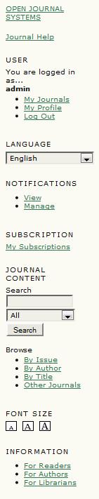 Figure 5.8. A Journal's Sidebar The "Notifications" block allows you to manage and view your journal-specific notifications.