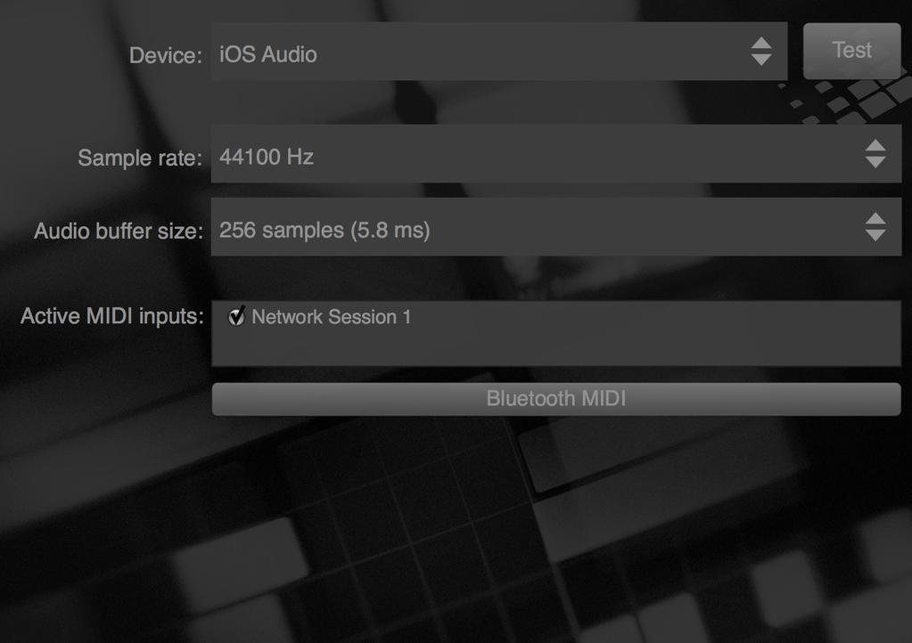 Select an external MIDI source Audio - Background Audio Enable/Disable Background Audio MIDI - Send Omni Allows a MIDI keyboard with a single channel to address all tracks in BeatHawk MIDI - MIDI
