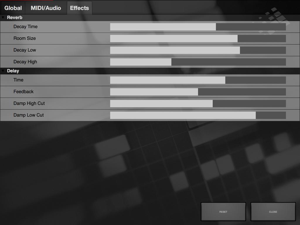 SETTINGS AND CONNECTIVITY Preferences - Effects Reverb - Decay Time Set the decay time of the reverb effect from.