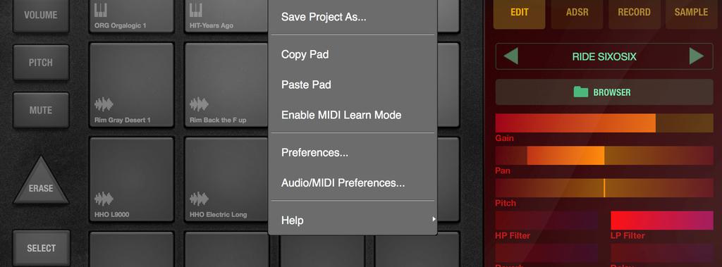 To configure BeatHawk to use an external device: (1) Select the menu icon and choose AUDIO/MIDI PREFERENCES.