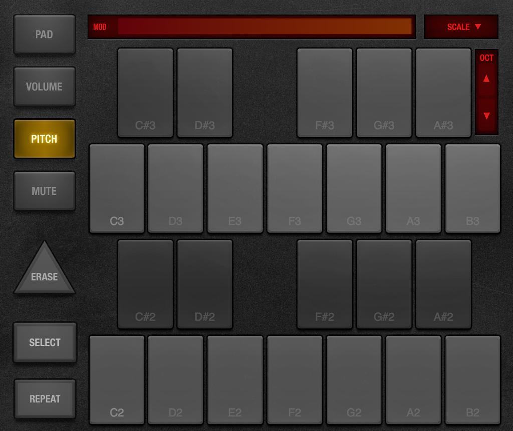 TRACKS AND PADS PAD Modes: Pitch PITCH mode allows you to play your sound with a 2-octave piano keyboard.