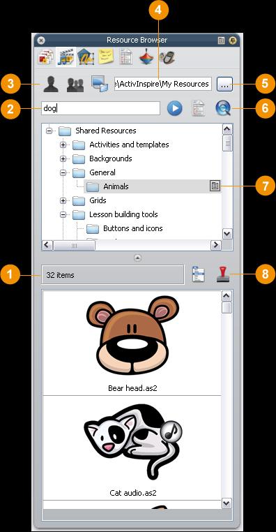 To add your own items to the Resource Library, you can drag them from a flipchart page and drop them onto either of the two parts of the Resource Browser.