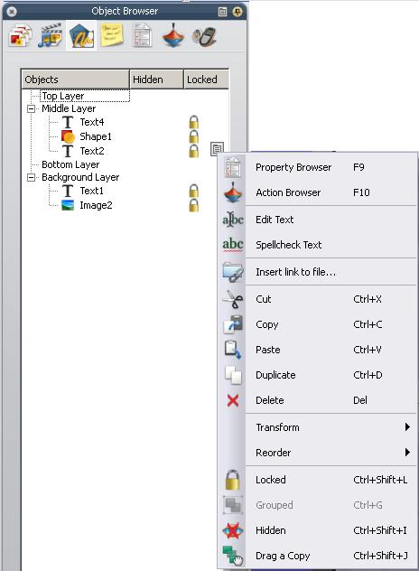 Accessing Additional Tools Using the Object Browser To access additional tools, such as Cut, Copy, Paste, and more, click on an object and then click the Toolbox Option to open the popup menu.