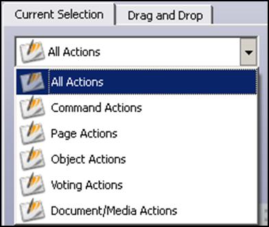 Accessing the Action Categories on the Current Selection Tab Number 1 2 3 4 5 6 Description All Actions view all available actions Command Actions view actions which run a command or start a tool