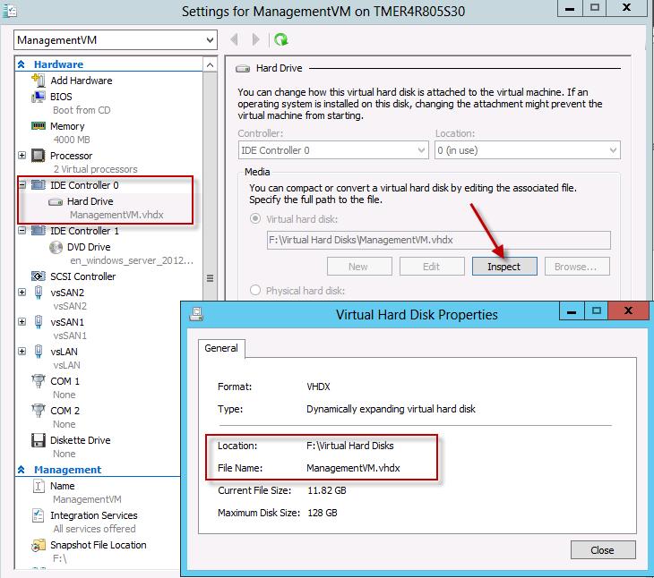 pop-up menu. 2. Examine the settings of the Management VM to verify the current location of the VHD (ManagementVM.VHDX).