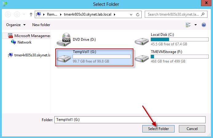 8. Select or create a directory structure for the final location of the virtual machine data. In the example, the parent directory (labeled Hyper-V ) has been added.