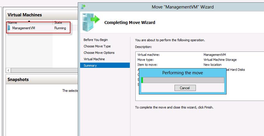 Once the move starts, the virtual machine will still be online and running. The storage migration does not affect its virtual machine state because of the following workflow. a. The virtual machine read and write operations continue to go to the VHD on the source device (current location) b.