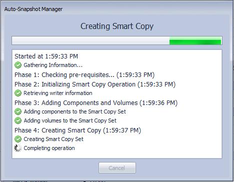 As the Smart Copy Snapshot is being created, a progress window is displayed showing the status of each operation step. 4.