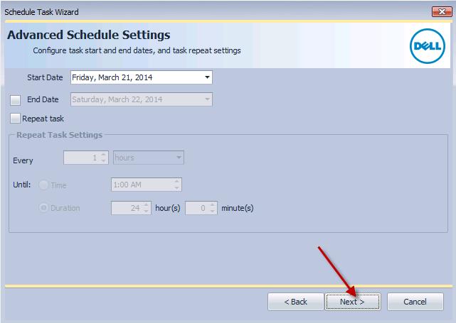 4. In the Advanced Schedule Settings dialog, configure the start and end dates, as well as repeat settings. Click Next. 5.