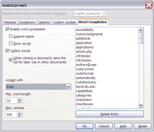 AutoCorrect and AutoFormat Figure 1: Settings for automatic word completion Menus OOo s menus are similar to MSO s, but some commands are in different locations.