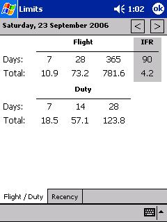 The Limits form is divided into two tabs Flight/Duty and Recency.