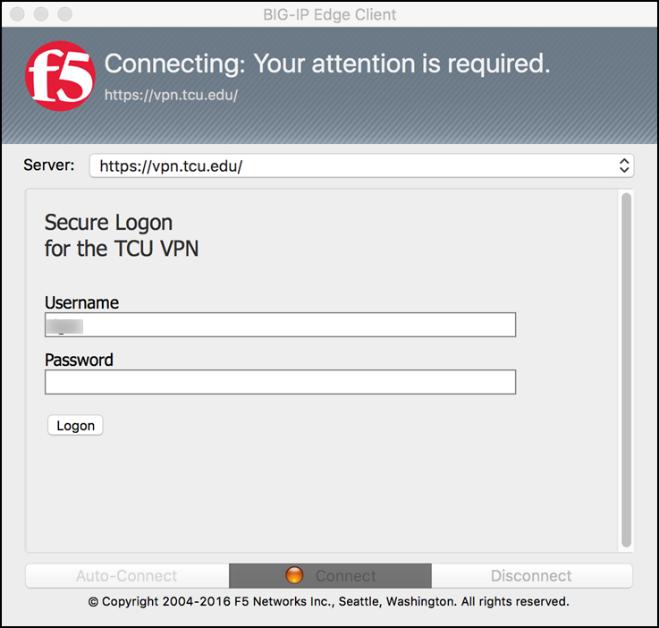 VPN Setup for Macintosh Installing the F5 Big-IP Edge VPN Client: Go to this Box Share: https://tcu.box.com/v/vpn-installers Sign in with your TCU username and password. Open the folder for Mac OS X.