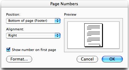 Inserting Page Numbers (without Headers & Footers) To insert just the page numbers in a document, drop down the INSERT menu and choose the PAGE NUMBERS command. The PAGE NUMBERS dialog displays.