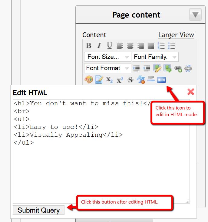 You can also use the Page Content widget's WYSIWYG editor to add and edit HTML on your Coupon Page by clicking the HTML icon right above the WYSIWYG editor window: