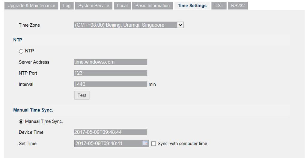 1. Enter the Time Settings interface, System> Time Settings. Figure 5-3 Time Settings 2.
