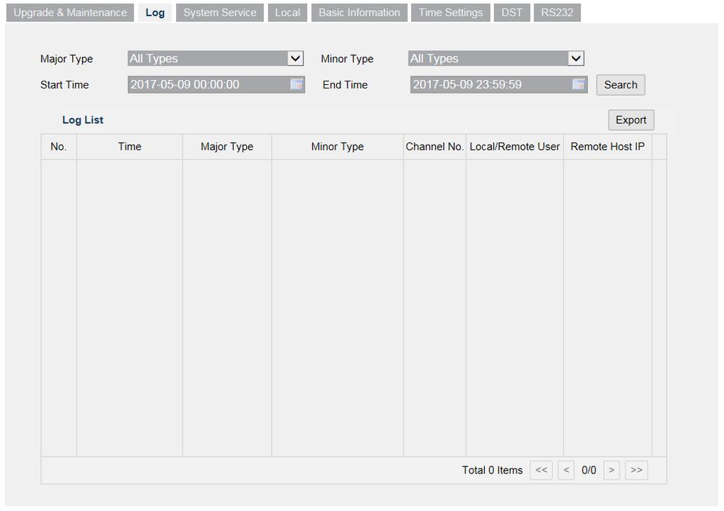Figure 5-9 Log Searching Interface 2. Set the log search conditions to specify the search, including the Major Type, Minor Type, Start Time and End Time. 3. Click Search to search log files.