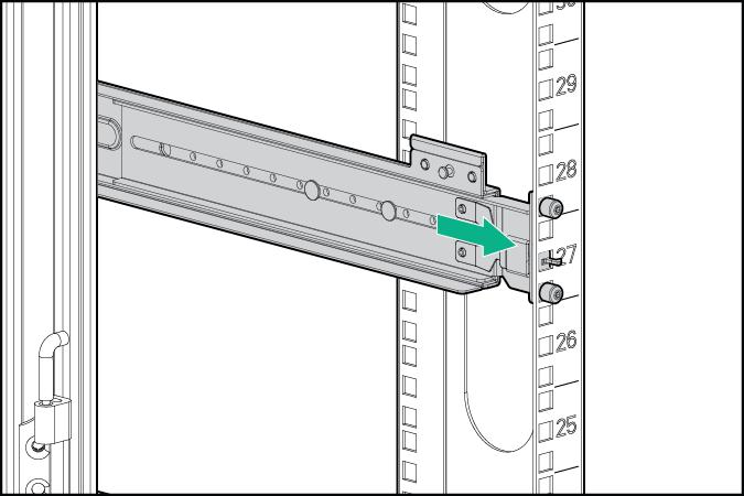 7. Secure front of rail to the front RETMA column using the provided flat securing screw/guide pin in the bottom screw position of the rail. 8. Slide the enclosure into position on the rails (1).