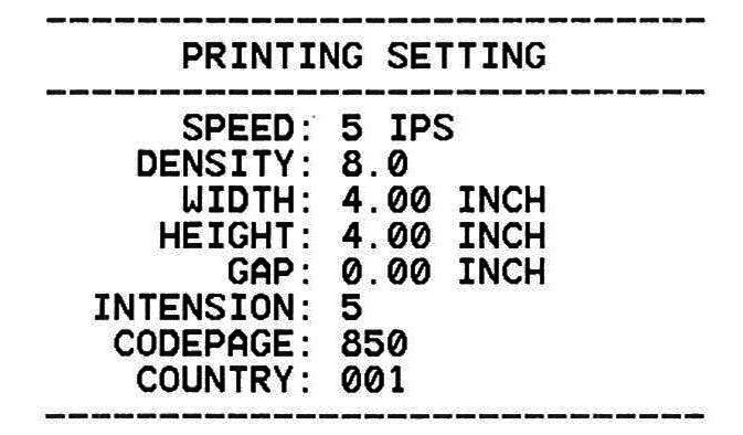 Print speed (inch/sec) Print darkness Label size (inch) Gap distance (inch)