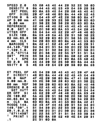 Dump mode Printer will enter dump mode after printing printer configuration. In the dump mode, all characters will be printed in 2 columns as following.