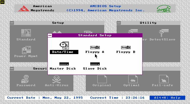 3.7 Standard Setup The Standard Setup option is selected by choosing the Standard icon from the Setup section of the AMI WinBIOS Setup main menu selection screen.