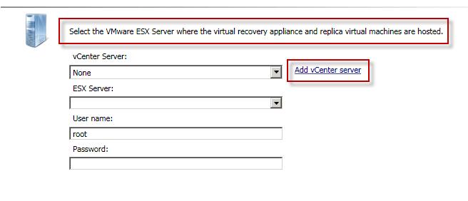 Next we configure the target environment by clicking the Add vcenter Server link Enter your