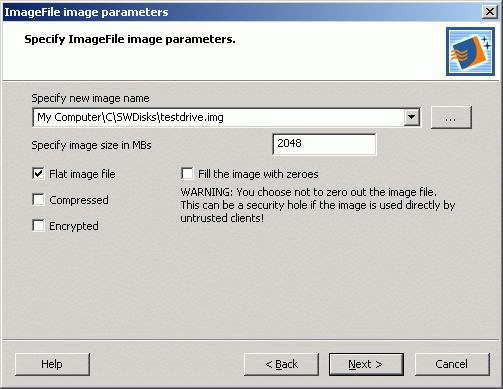 If you have decided to create a new image file please specify the location (C:\SWDisks) and the name of the image you wish to create. You will also have to provide the image size in megabytes.