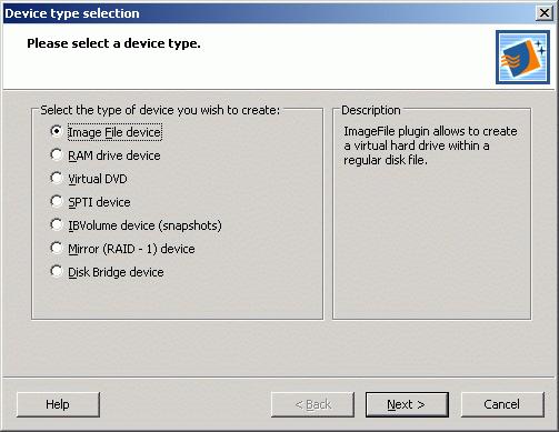In the wizard that appears, please select Image File device (a brief description of each option is displayed in the right